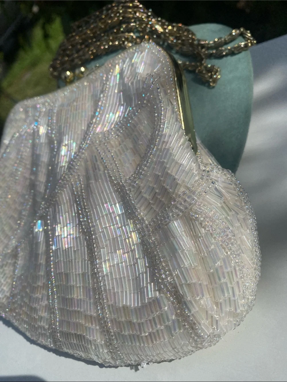 Pearl-White Beaded Evening Clutch with Gold Chain